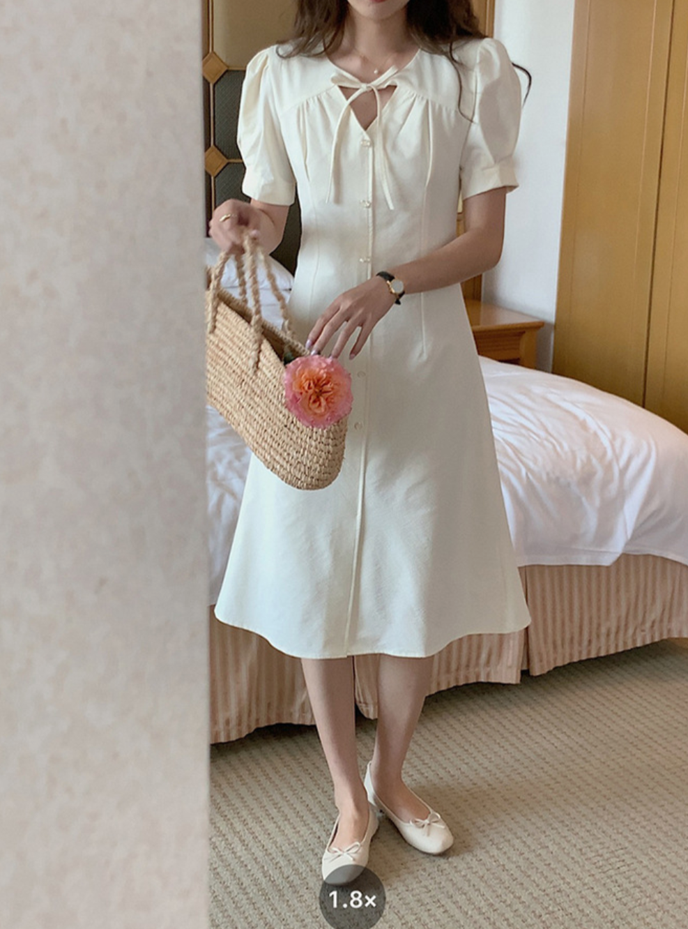 [Korean Style] High Quality Off-white Lace-Up Button Down Midi Dress