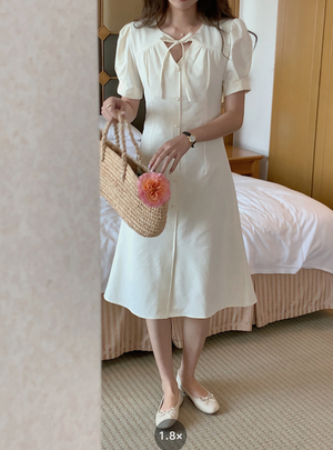 [Korean Style] High Quality Off-white Lace-Up Button Down Midi Dress