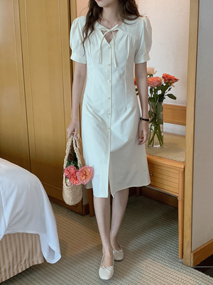 [Korean Style] High Quality Off-white Lace-Up Button Down Midi Dress