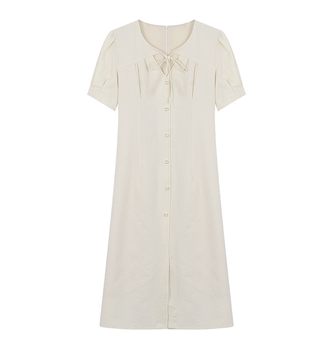 [Korean Style] High Quality Off-white Lace-Up Button Down Midi Dress