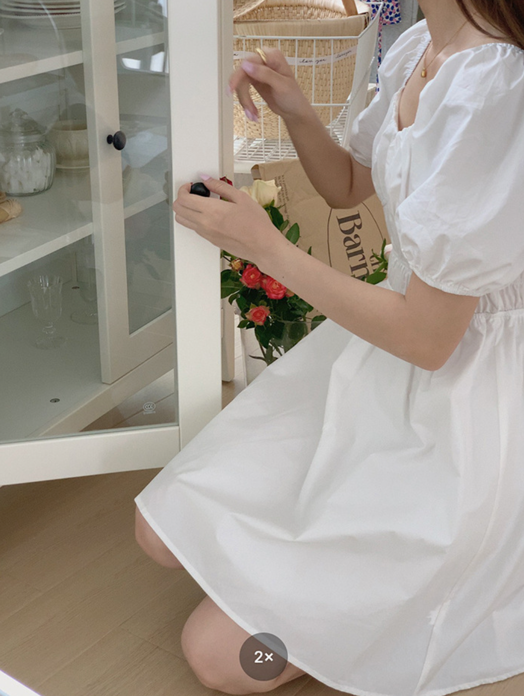 [Korean Style] Sweetheart Neckline Puff Sleeve Short Dress