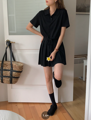 [Korean Style] Crop Polo Top Pleated Mini Skirt 2 pc Set