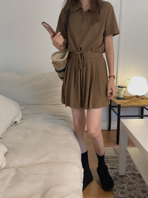 [Korean Style] Crop Polo Top Pleated Mini Skirt 2 pc Set