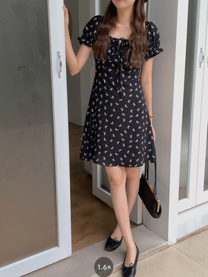[Korean Style] Bow Print A Line Summer Short Dress