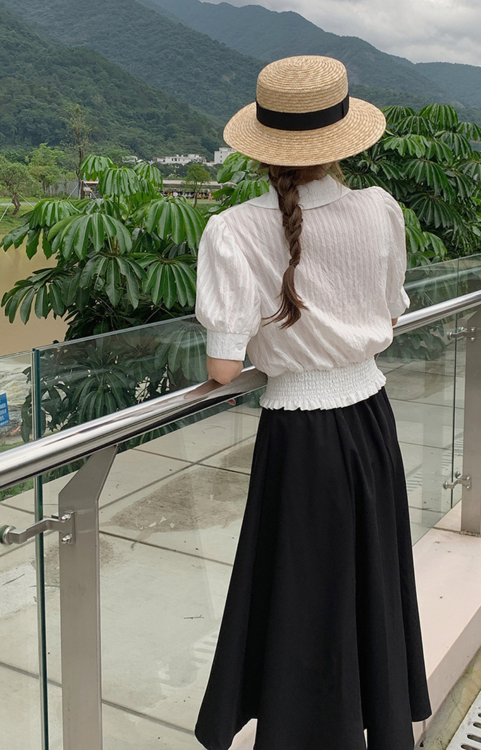 [Korean Style] Notched Collared Cinched Waist Textured Stripe Crop Blouse