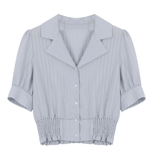 [Korean Style] Notched Collared Cinched Waist Textured Stripe Crop Blouse