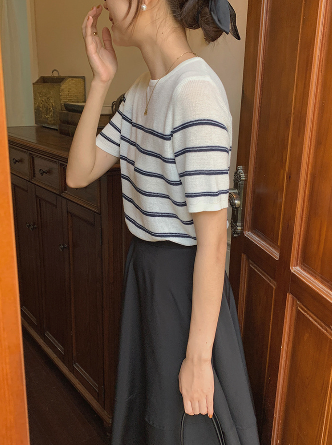 [Korean Style] Striped Round Neck Short Sleeve Knit Top