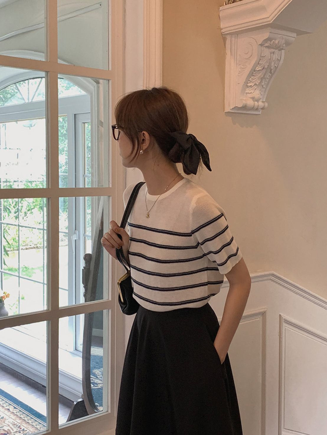 [Korean Style] Striped Round Neck Short Sleeve Knit Top