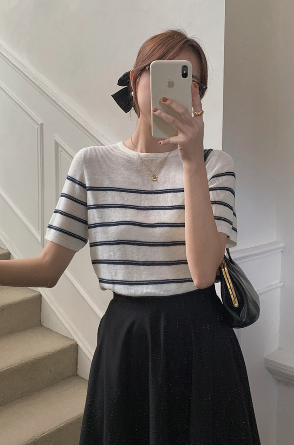 [Korean Style] Striped Round Neck Short Sleeve Knit Top