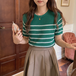 [Korean Style] Striped Round Neck Short Sleeve Knit Top