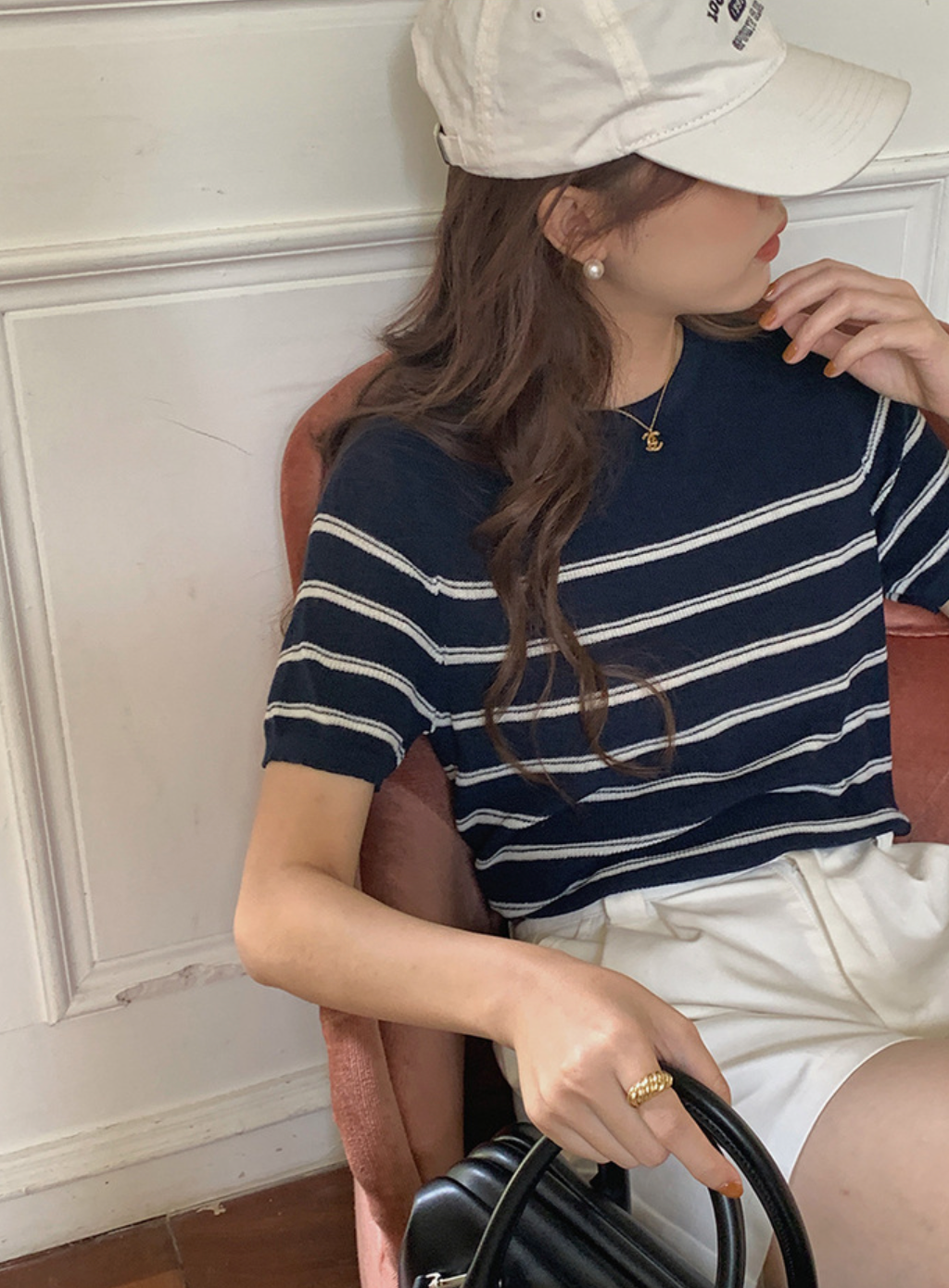 [Korean Style] Striped Round Neck Short Sleeve Knit Top