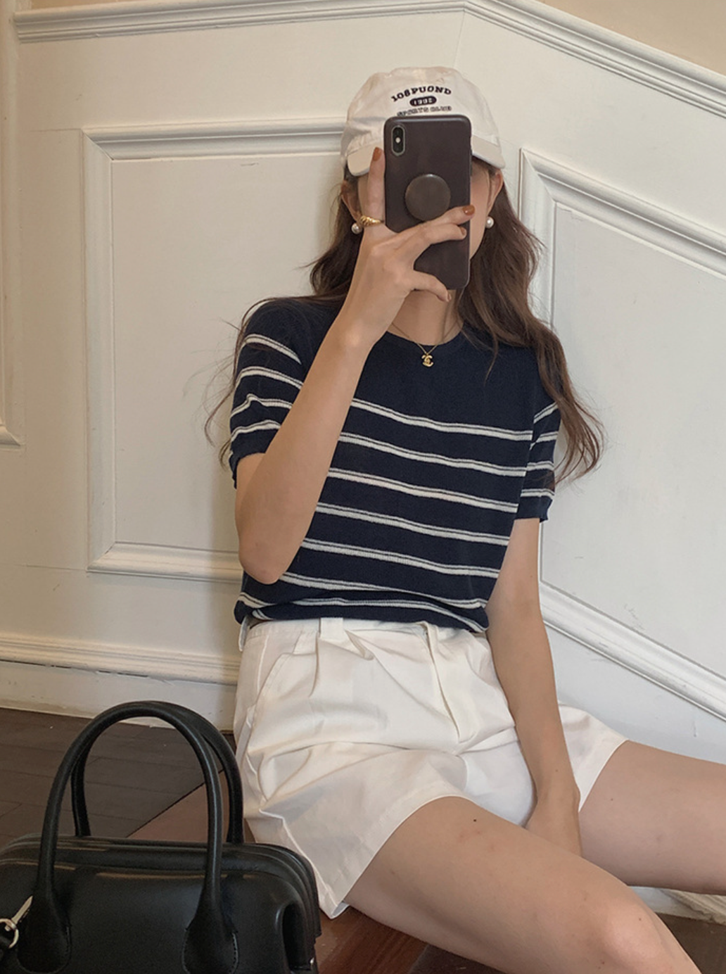 [Korean Style] Striped Round Neck Short Sleeve Knit Top