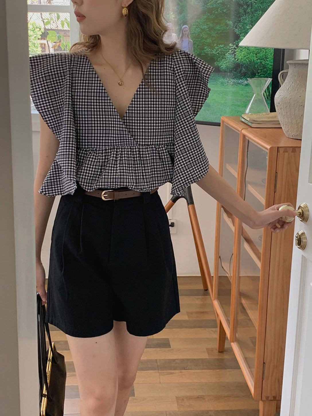 [Korean Style] Butterfly Sleeve V-neck Ruffle Blouse