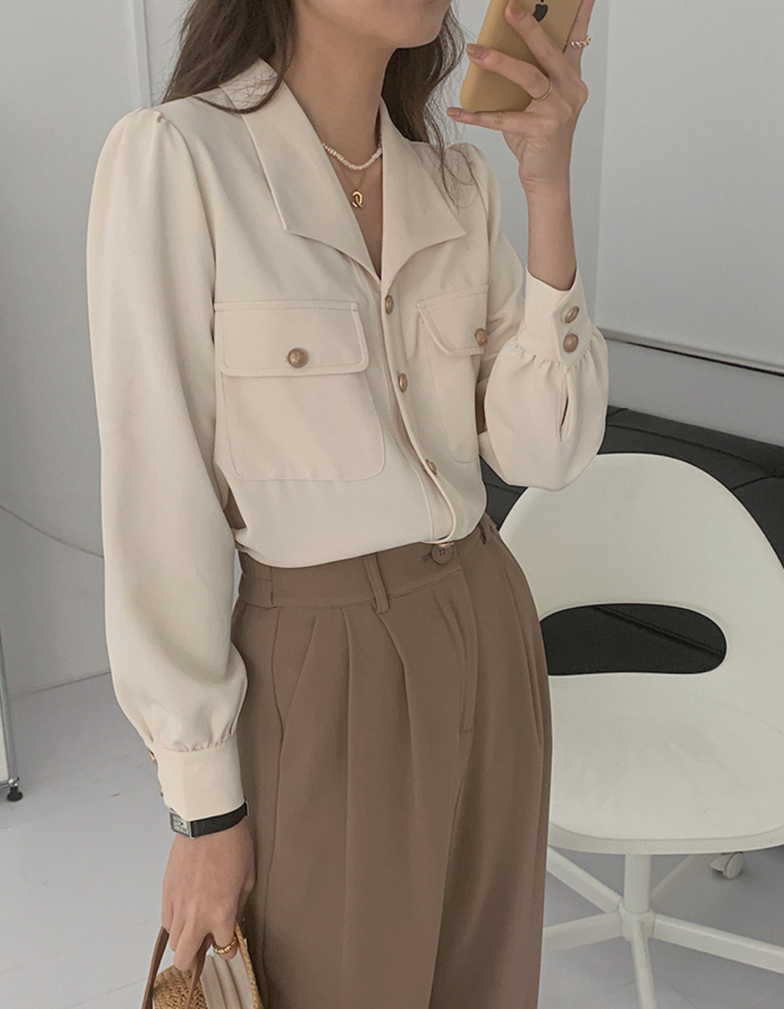 [Korean Style] Turn-down Collared Puff Sleeve Pocket Blouse
