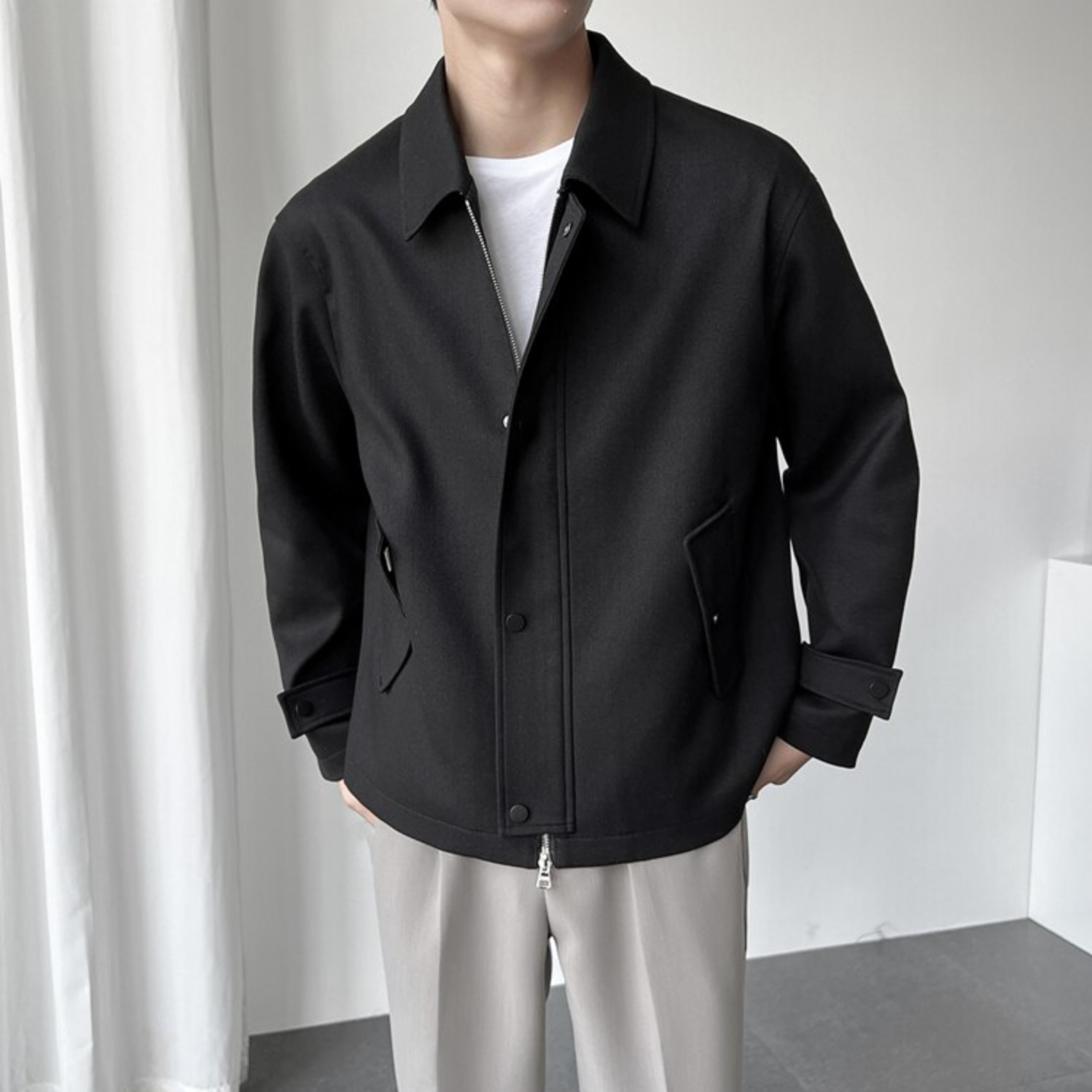 [Korean Style] Khaki/Black Casual Lapel Collar Jackets