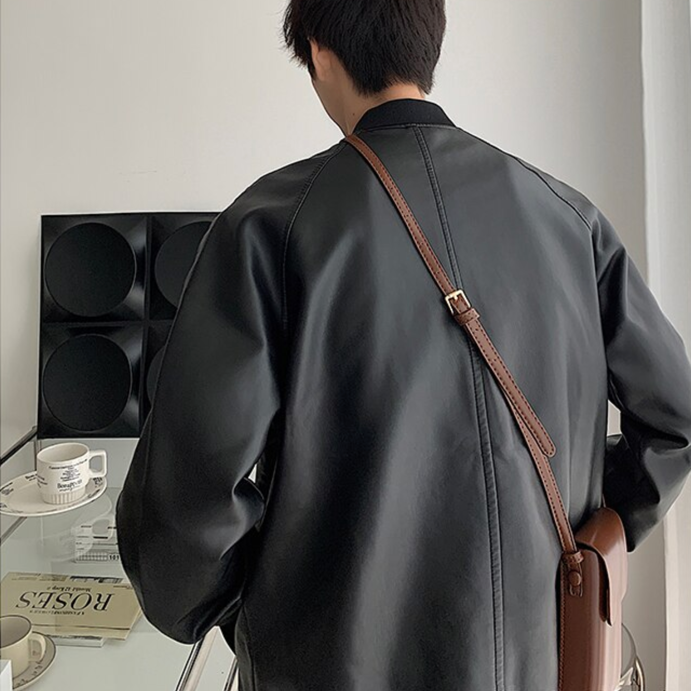 [Korean Style] Black Faux Leather Bomber Jackets