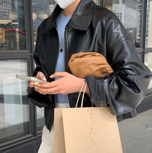 [Korean Style] Faux Leather Dropped Shoulder Zipper Crop Jacket