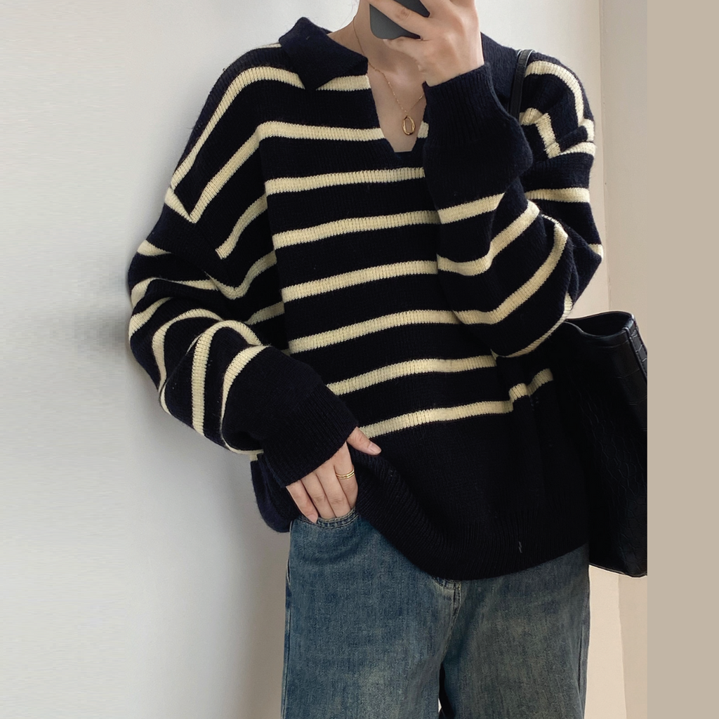 [Korean Style] Dropped Shoulder Collared Stripe Polo Sweater
