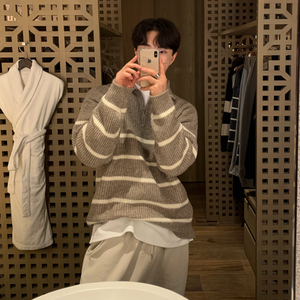 [Korean Style] 2 Colors Wool Pullover Stripe Printing Zip Sweaters