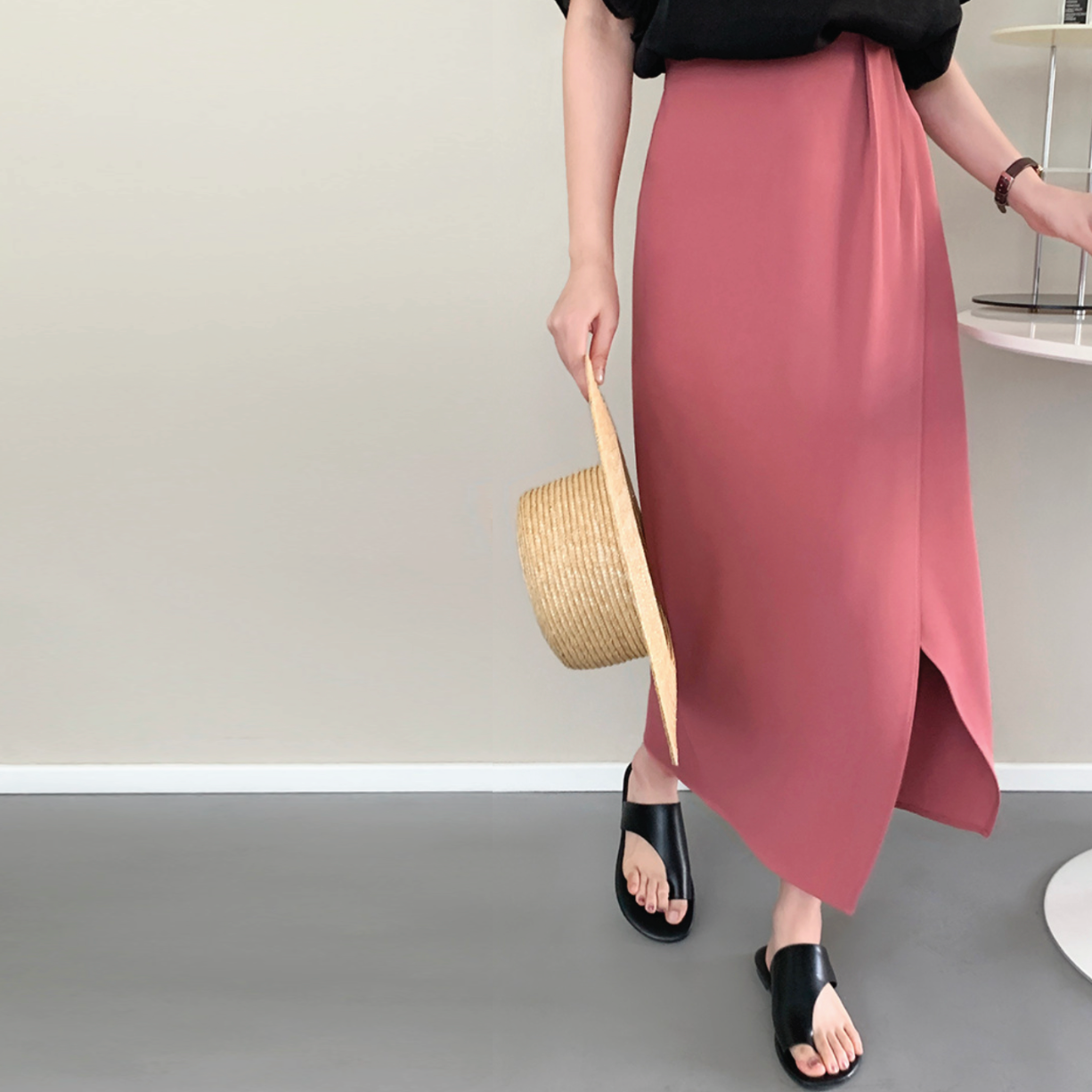[Korean Style] Tulip Solid Color Split Midi Skirt