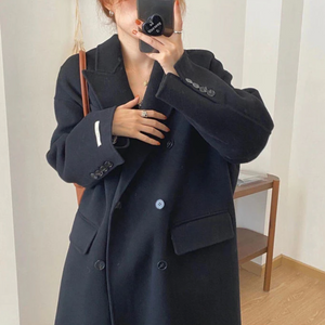 [Korean Style] High Quality Handmade Double Breasted Loose Fit Cashmere Woolen Long Coat No Lining