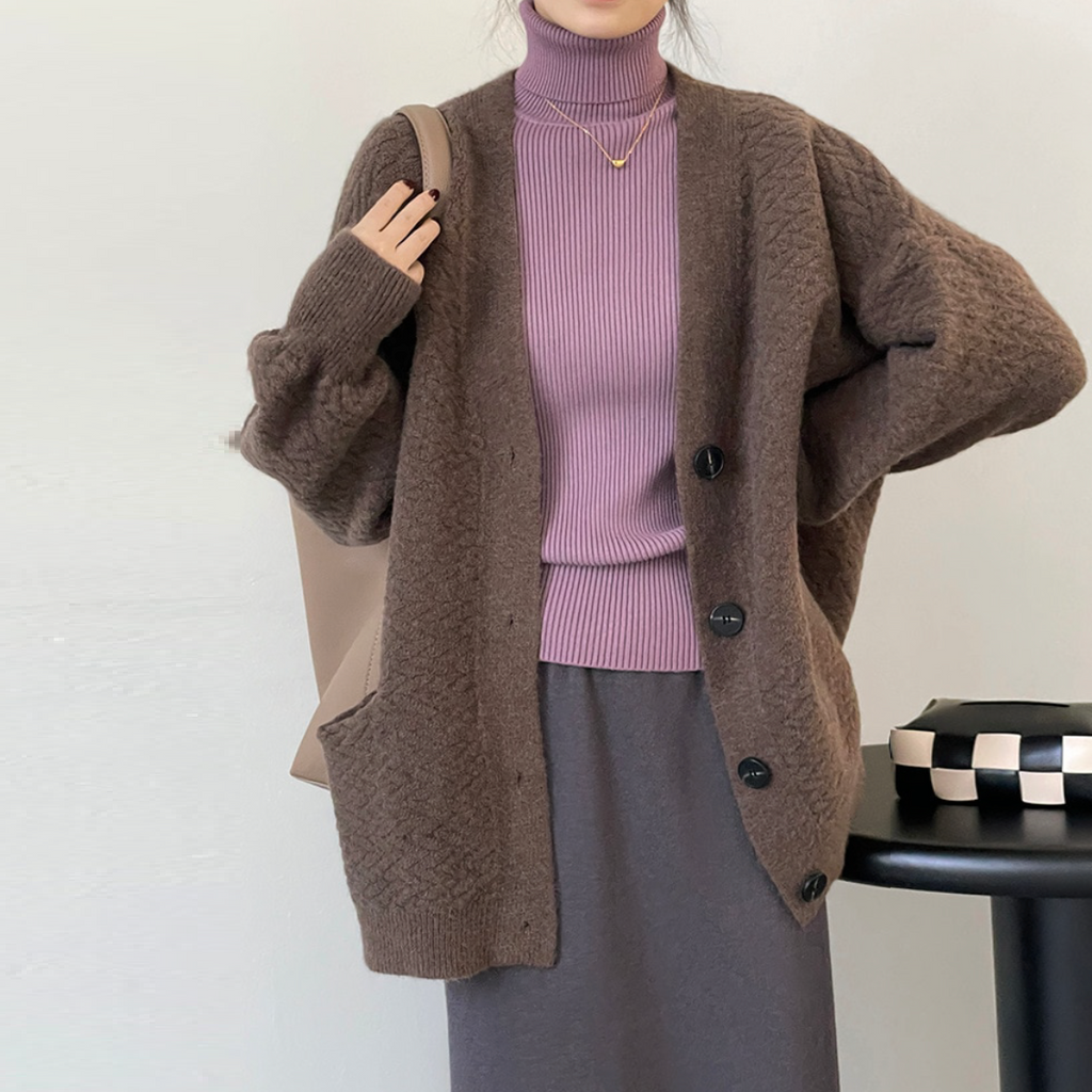 [Korean Style] Solid Color Loose Fit Dropped Shoulder Thick Cardigan