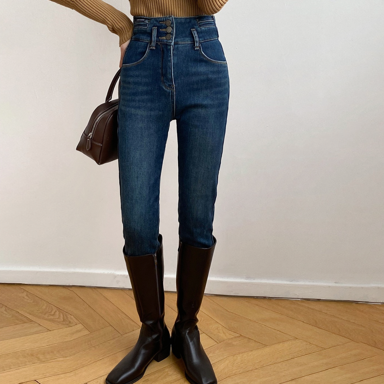 [Korean Style] Fleeced High Waist Button Skinny Jeans