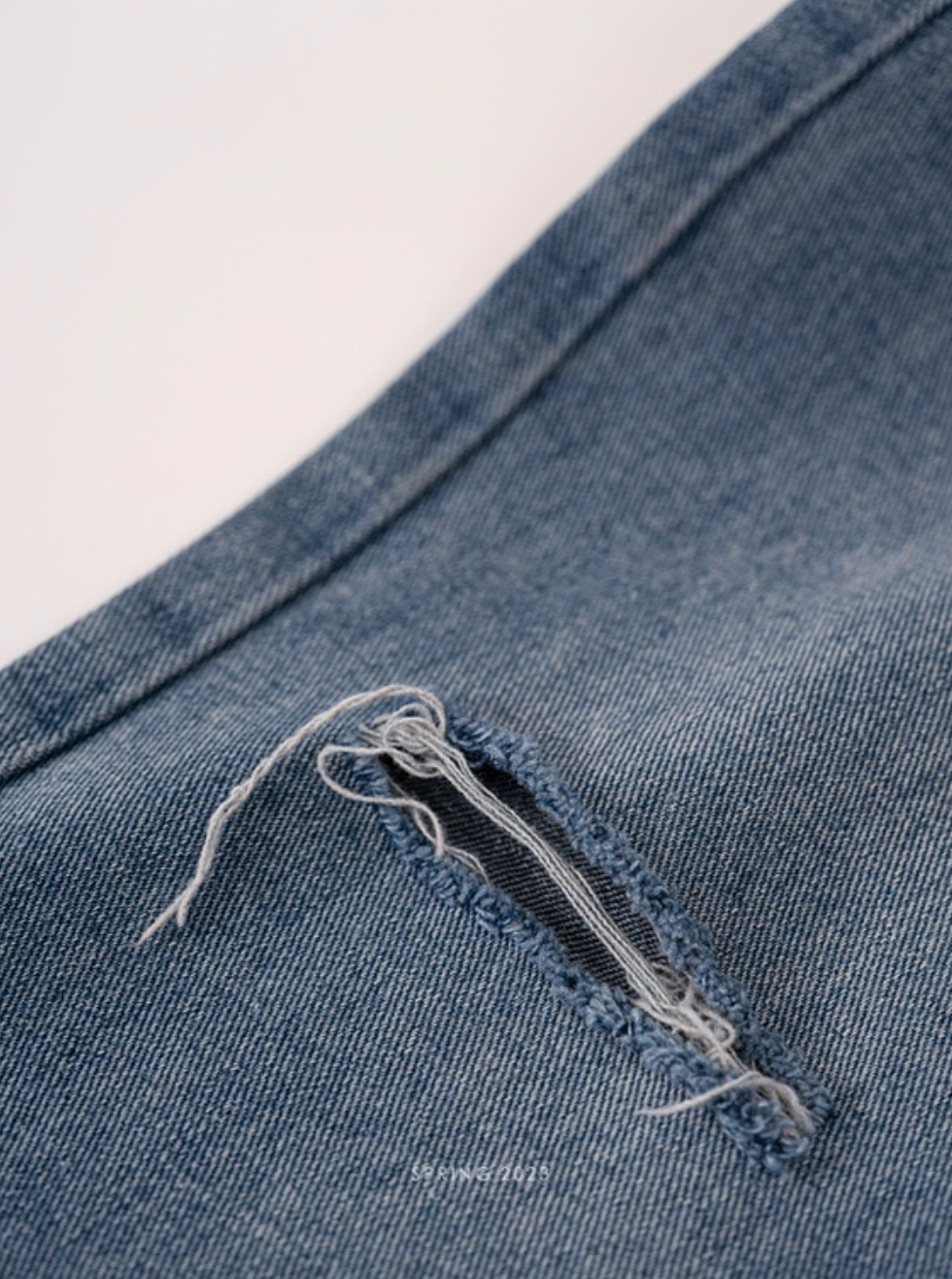 [Korean Style] Light Wash Full Length High Waist Ripped Flare Jeans