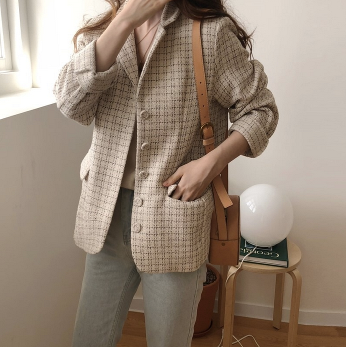 [Korean Style] Chloe Vintage Single Breasted Pattern Blazer