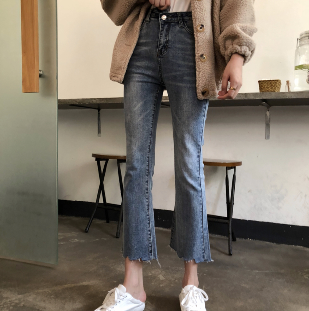 [Korean Style] June Asymmetrical Closure High Waisted Flare Jeans
