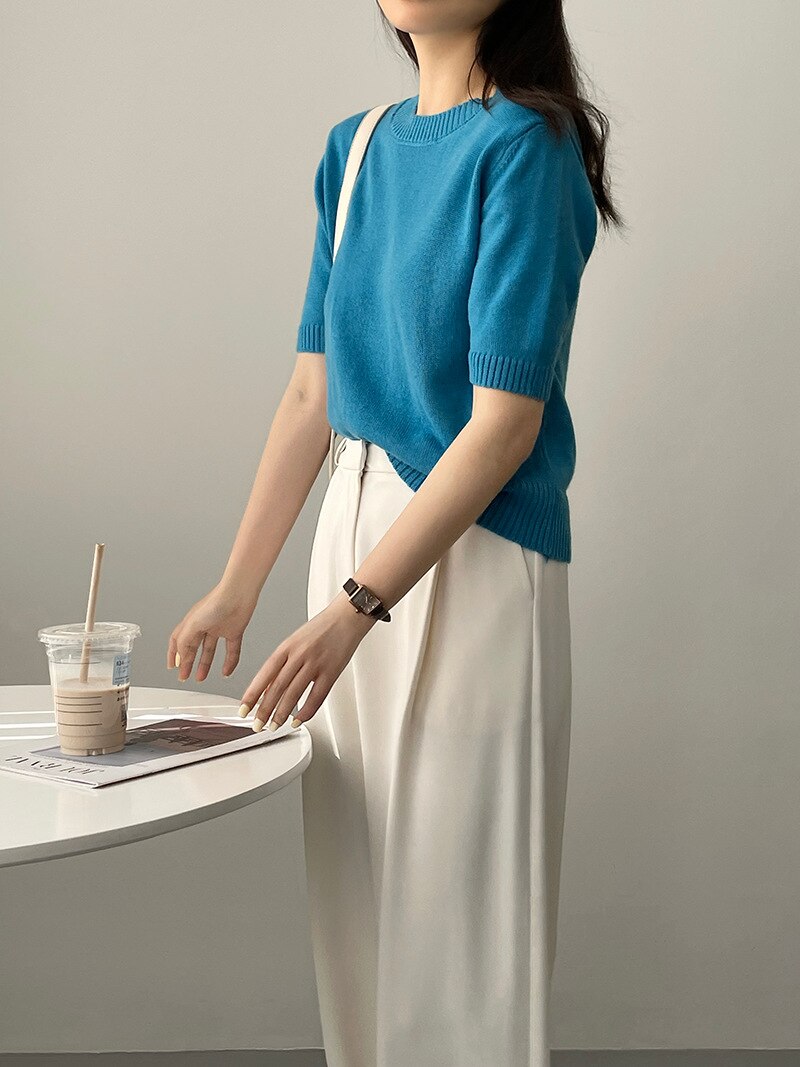 [Korean Style] 10 Color Half Sleeve Round Neck Knit Top