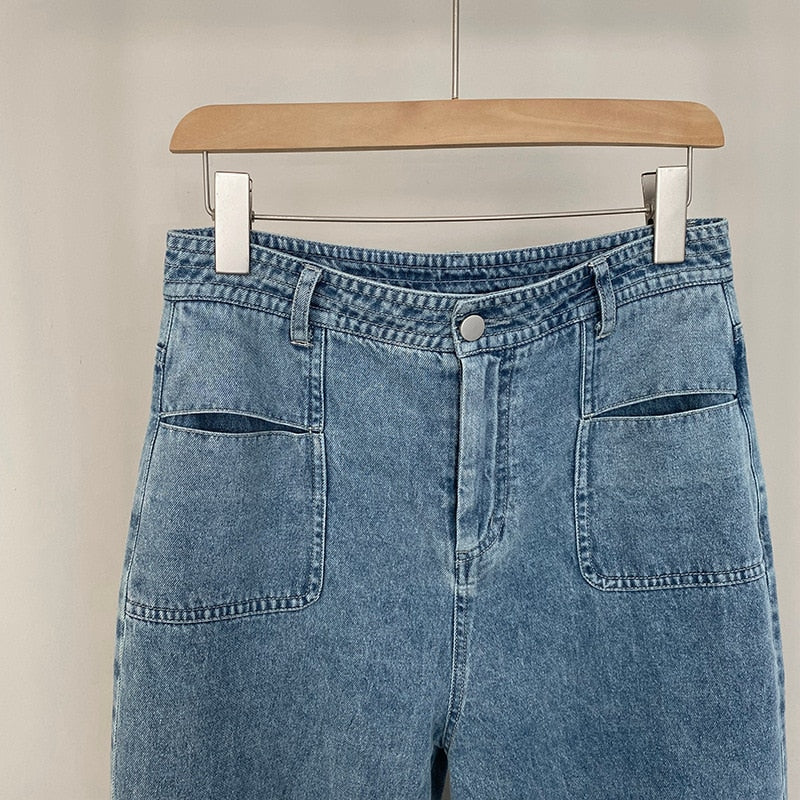 [Korean Style] Light Wash High Rise Pocket Wide Leg Jeans