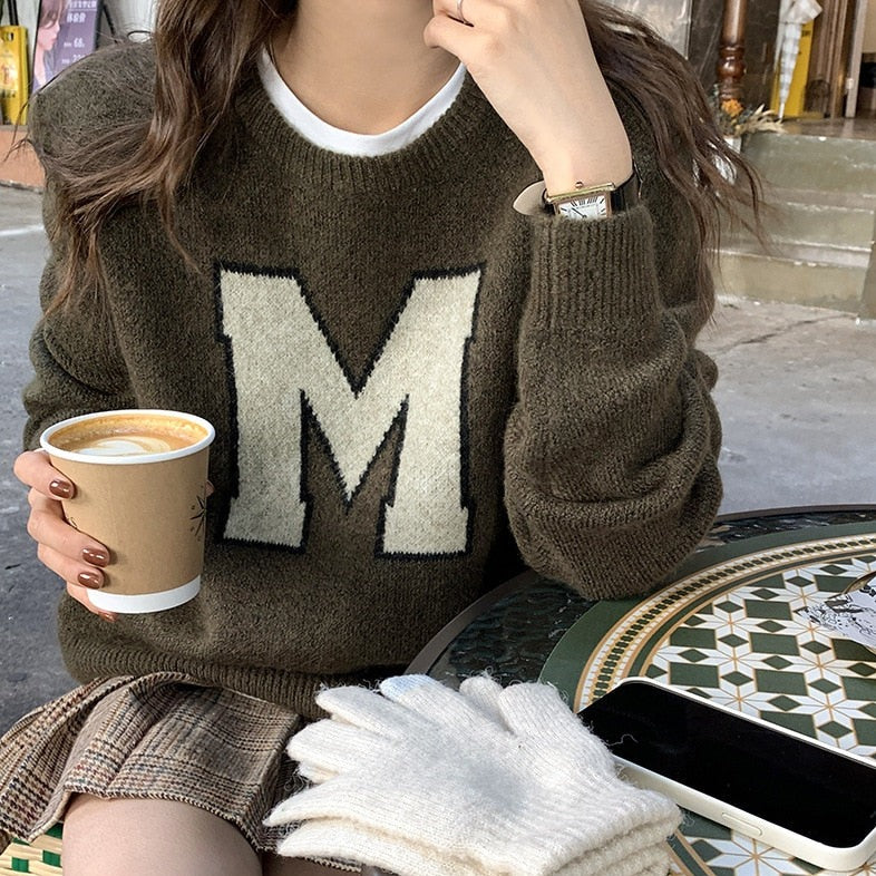 [Korean Style] Round Neck Letter M Pullover Sweater