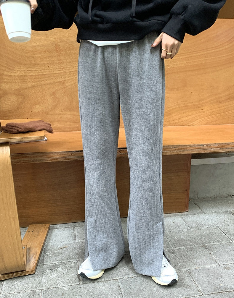 [Korean Style] Corduroy Cinched Waist Flare Pants w/ Slit