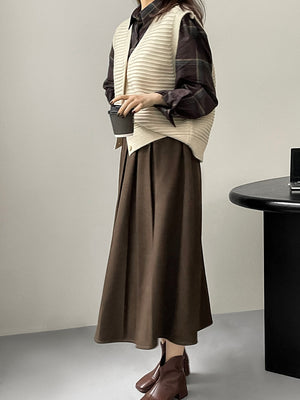 [Korean Style] Solid Color Cinched Waist A-Line Pleated Long Skirt