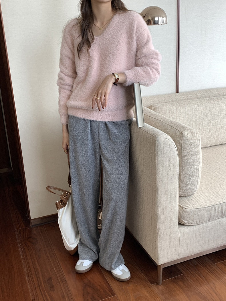 [Korean Style] Solid Color V-Neck Loose Fit Fluffy Pullover Sweater