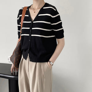 [Korean Style] V-Neck Striped Short Sleeve Knit Top Cardigan