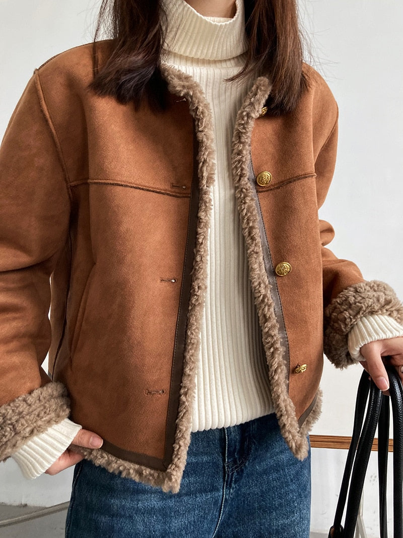 [Korean Style] Faux Lambskin Shearling Collarless Cropped Sherpa Jacket