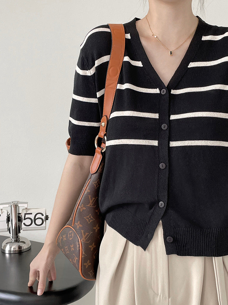 [Korean Style] V-Neck Striped Short Sleeve Knit Top Cardigan