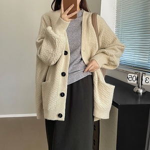 [Korean Style] Solid Color Loose Fit Dropped Shoulder Thick Cardigan