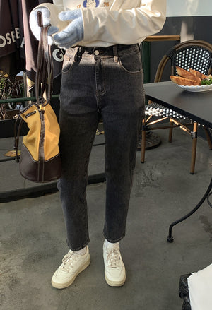 [Korean Style] High Waist Washed Cropped Straight Jeans