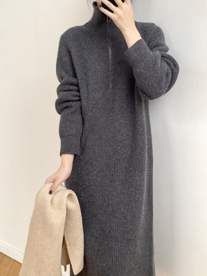 [Korean Style] 4 Color Zipper Collared Sweater Long Knit Dress