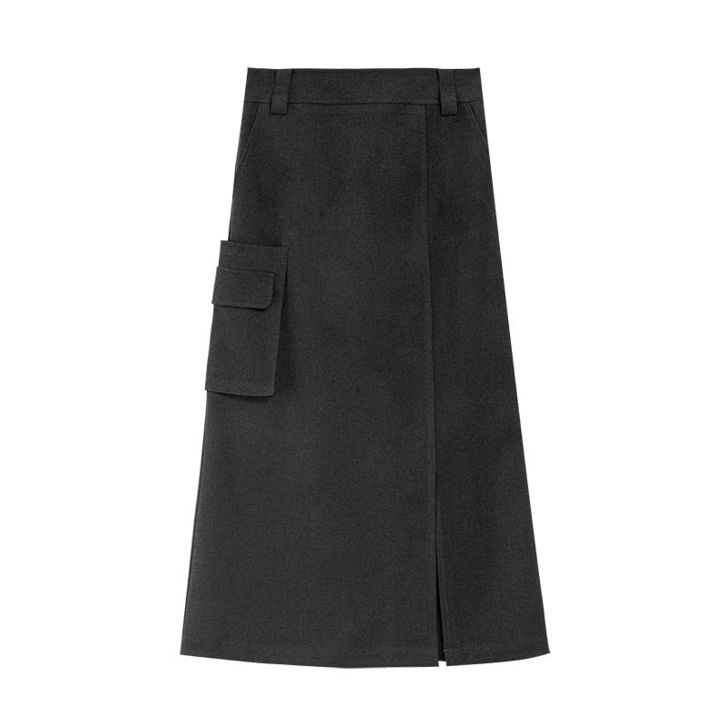 [Korean Style] Solid Color High Waist Pocket Slit Cargo Skirt