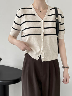 [Korean Style] V-Neck Striped Short Sleeve Knit Top Cardigan