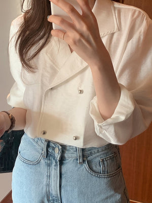 [Korean Style] Notched Collar Double Breasted Casual Blouses