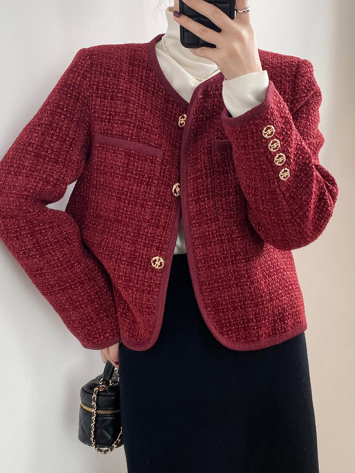 [Korean Style] Cotton Quilted Collarless Cropped Tweed Jacket