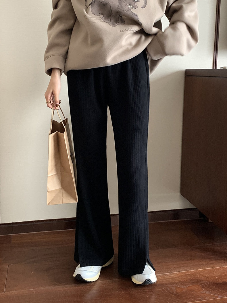 [Korean Style] Corduroy Cinched Waist Flare Pants w/ Slit