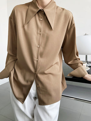 [Korean Style] Solid Color Pointy Collared Blouse