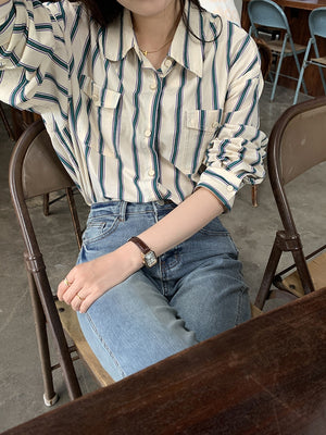 [Korean Style] 2 Color Loose Fit Cropped Shoulder Pocket Striped Shirts
