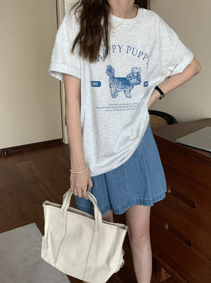 [Korean Style] Loose Fit Short Sleeve Puppy Graphic Tee